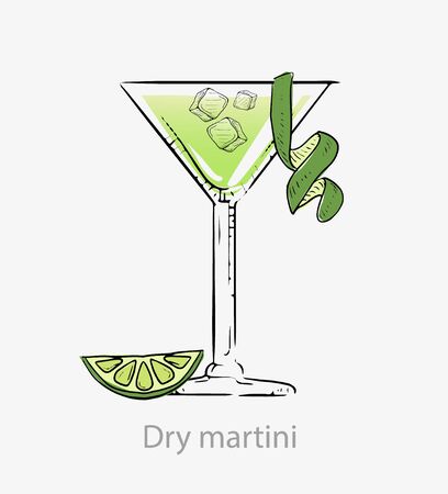 Dry martini cocktail. Cocktail, green with slice lime green peel alcoholic aperitif based vodka.のイラスト素材
