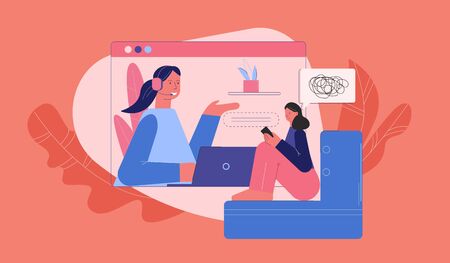 Upset woman at counseling with psychologist online vector flat illustrationのイラスト素材
