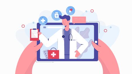 Cartoon human hands holding tablet chatting with doctor online vector flat illustrationのイラスト素材