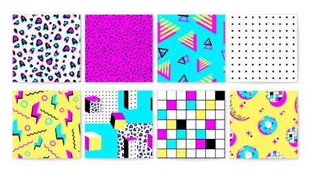 Set of different bright 90s vibrant seamless pattern vector graphic illustrationのイラスト素材