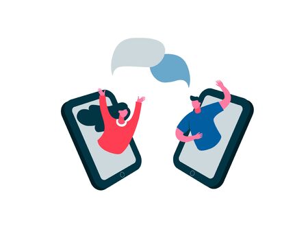 Telephone online communication speech bubble. Illustration of communication between close friends, remote web through social networks, online vector dialogue speech bubble.のイラスト素材