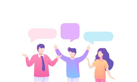 Teenagers discussing party speech bubble. Two boys and teenage girl happily talk about past party overhead speech bubble joy vector adventures fond memories.のイラスト素材