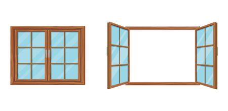 Wooden window template closed and open. Modern wooden mesh window two folding doors.のイラスト素材
