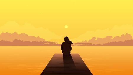 Lonely girl silhouette on sunset. Sad alone dreamy woman sitting looking at orange sunset.のイラスト素材