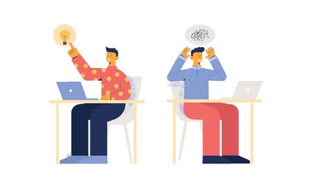 New idea and absence illustration. Appearance creative idea by programmer and complete chaos of another vector dismoral against lack of thoughts.のイラスト素材