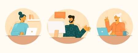 Happy work at home in quarantine. People work online man conducts video conference with two...