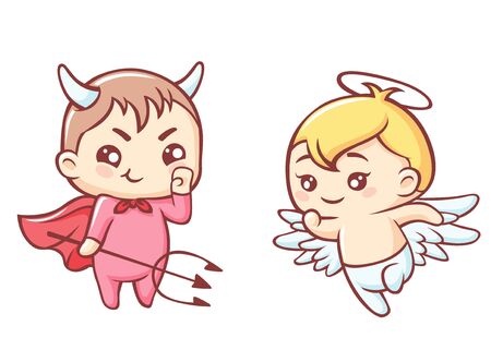Little angel and demon cartoon. Kawaii cute angel with halo and funny demon trident in red cloak plotting plan funny vector anime confrontation between good and evil.のイラスト素材