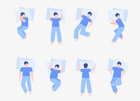 Sleeping man set poses. Relaxing guy body relaxing body comfortable posture back correct posture couch mattress relaxation vector spine bed clipart soft comfortable night sleep.のイラスト素材