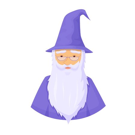 Ancient wizard avatar. Wise magician with thick gray beard and blue cap and toga fantasy character legends cartoon fairy tales mixture of huge vector knowledge magic.のイラスト素材