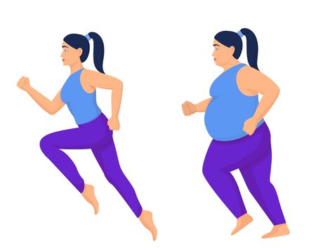 Athletic and fat woman. Full obese woman on jog turns into stylish fitness lady overweight intense struggle with him, constant training forming cartoony beautiful vector figureのイラスト素材
