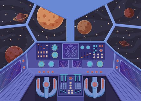 Interior spacecraft. Futuristic look from cockpit of star destroyer open space planets right on course journey to unknown solar system advanced technologies settling mining vector resources.のイラスト素材