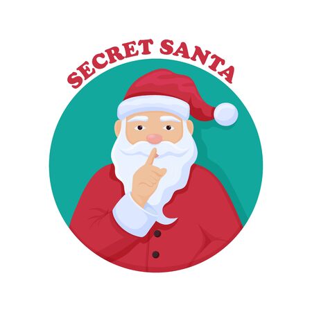 Secret Santa Chris Kindle. Merry Christmas anonymous gift exchange ceremony mysterious Santa red suit hat with white beard asks to keep secret traditional happy vector holidays.のイラスト素材