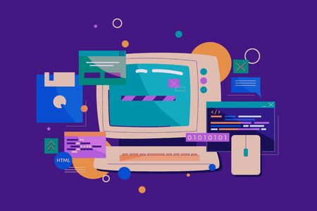 Programming on retro computer. Old pc with convex monitor wheel mouse creating calculations and game programs loading information using floppy disks clipart design outdated vector electronics.のイラスト素材