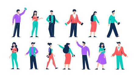 People characters set. Young and cheerful guys communicate with girls make an appointment over phone discuss latest web news and various color social vector life.のイラスト素材
