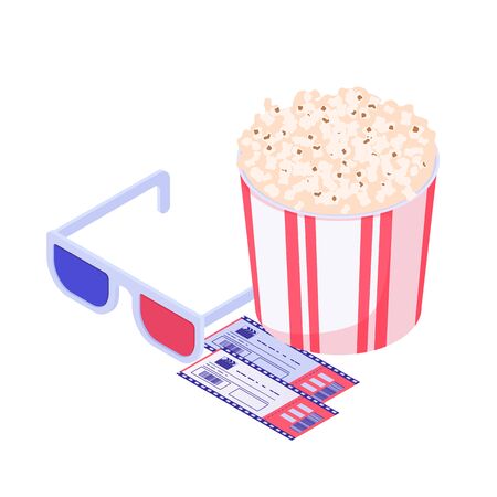 Cinema supplies isometric set. Modern cinema entertainment 3D glasses effect presence yellow salty popcorn two tickets to evening session new science fiction film art vector realistic fantasy showのイラスト素材