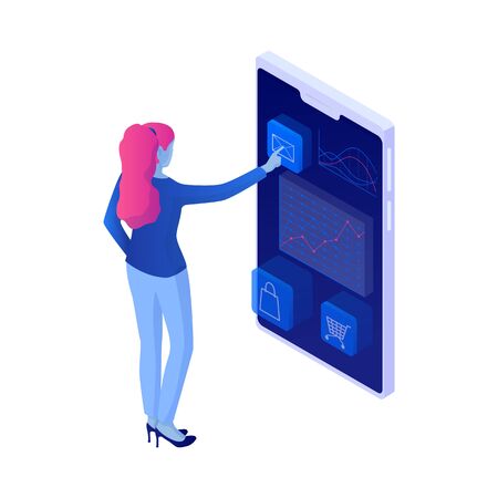 Girl uses smartphone read social networks isometric illustration. Stylish woman monitors latest news about fashion products convenient web application infographics vector reviews purchases.のイラスト素材