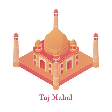 Taj Mahal isometric. Ancient architectural monument of India beautiful Agra palace red sandstone lined marble precious stones traditional design tomb kings wife with four vector minarets.のイラスト素材