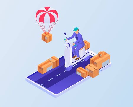 Tracking delivery smartphone isometric concept. Courier delivery visible from web application white scooter carries box goods from behind, boxes sides waiting their vector line new ones parachuted.のイラスト素材