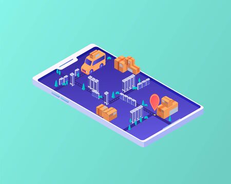 Delivery route in smartphone isometric concept. Mobile navigation logistics order routes using smart application, gps parcel tracking technology shipment warehouse vector delivery route address.のイラスト素材