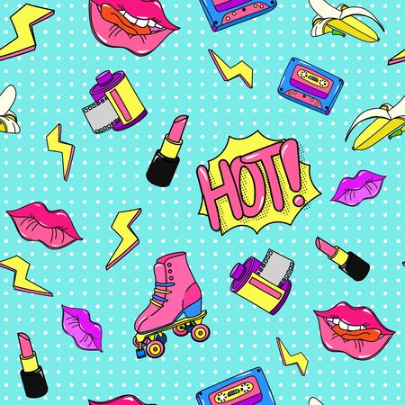 Art style 90s pop pattern. Seamless retro color music cassette lightning bright lipstick red reel film photographic stylish roller skates design vector 80s and 90s brightly clipart painted hot lips.のイラスト素材