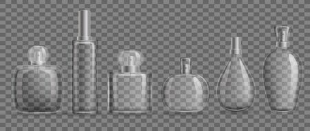 Glass bottles with perfumes mockup set. Stylish realistic templates transparent packaging for gel perfume clean hygiene for beauty salons moisturizing cleansing vector effect.のイラスト素材