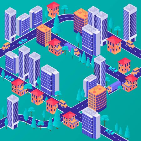 Isometric modern city concept. Stylish business centers with residential apartment building green park area highway along skyscrapers industrial architecture design secure vector lifestyle.のイラスト素材