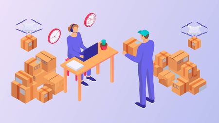 Modern delivery service isometric illustration. Courier holds yellow box with order dispatcher breaks address laptop flying drones bring new boxes warehouse round the clock vector delivery of ordersのイラスト素材