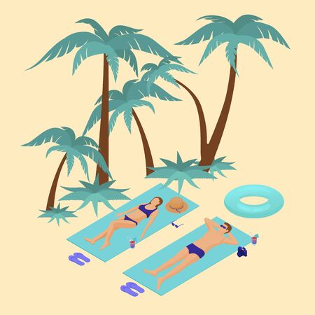 Couple sunbathes on tropical beach isometric. Guy girl lie litter next to rubber ring cocktail ice and camera purple slippers summer vacation under green palm trees sea yellow vector sand.のイラスト素材