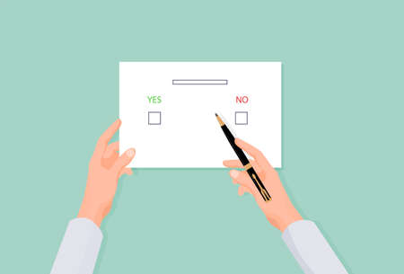 Hands holding an election form. Voting with yes or no choice when electing parties and president deciding democratic referendum registering signing vector document.のイラスト素材