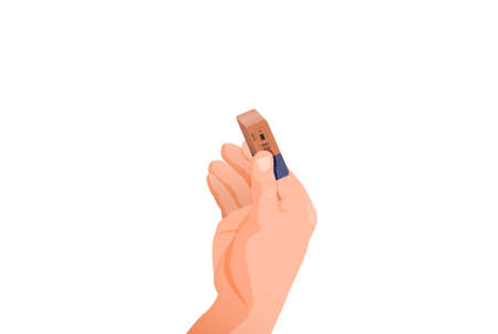 Hand holds an eraser. Erasing unnecessary information with blue red eraser cleaning up incorrect messages clearing sheet of past records art of correcting filled vector space.のイラスト素材
