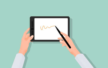 Hands draw in graphics tablet. Modern gadget for drawing and writing stylish black pen for sketching...