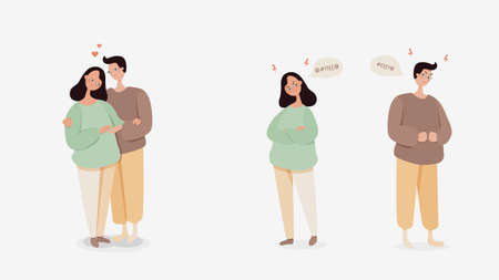 Married couple loves and quarrel. Man woman gently hug with loving faces and angrily stand separately offended changes in relationships mutual misunderstanding disagreements vector example.のイラスト素材