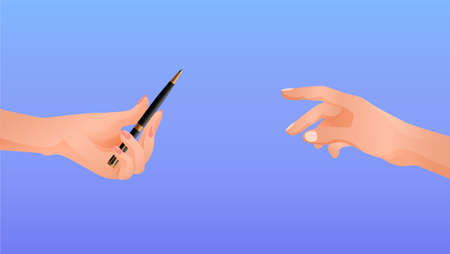 Hands pass each other pen. Help in writing resume message friendly communication helping hand in filling out contract art of vector correspondence.のイラスト素材