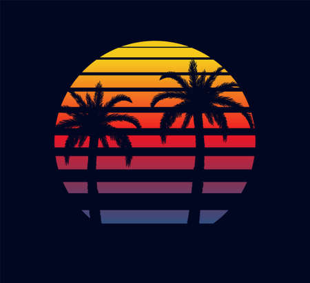 Retro sunset red purple. Two palm trees against background of an abstract setting sun in strip electronic synthwave design in style of 80 fantastic musical grid of futuristic vector landscape.のイラスト素材