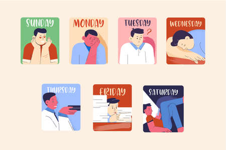 Emotional calendar of feelings with character. Different emotions week day Sad on Monday thoughtful on Tuesday sleepy on Wednesday angry on Thursday working hard Friday and happily vector resting.のイラスト素材