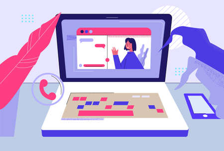 Video chat online illustration. Web communication with relatives and friends help of modern gadgets in social discussions digital modern business conversation happy vector digital meeting.のイラスト素材