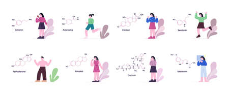 Hormones and their effects on characters set. Satisfied joyful due to dopamine accelerated reflexes with help adrenaline violation cycle vectorcortisol powerful structure male body is testosterone.のイラスト素材