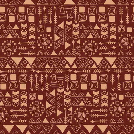 Tribal ethnic mystical seamless pattern. Maya abstract geometric patterns stylized arrows with triangles stone axes with signs culture of ancient vector nationalities.のイラスト素材