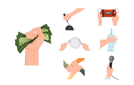 Hands performing actions set. Hand squeezes pack of green hundred dollar bills holds knife and fork...