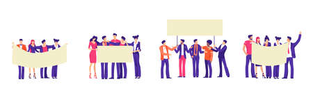 People hold banners in office clothes set. Groups angry businesspeople protest against reduction in...