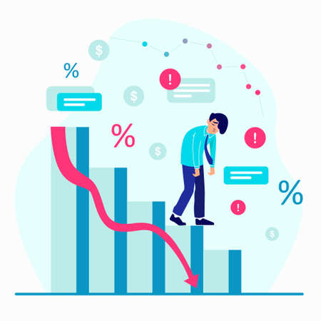 Businessman with bankruptcy schedule illustration. Sad character descends steps of financial crisis financial crisis chart lowered vector shoulders upset by economics.のイラスト素材