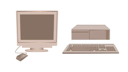Retro personal computer. An old coffee colored gadget classic monitor with an outdated mouse and system flat block gaming working vector equipment from the 80s and 90s.のイラスト素材