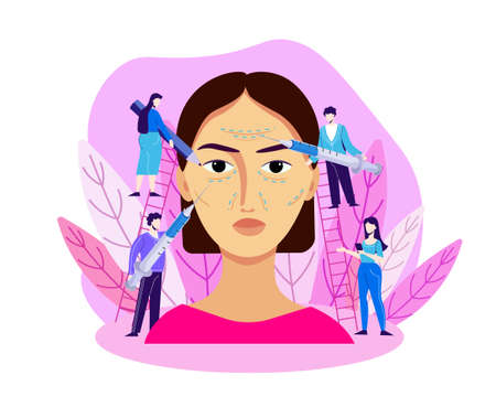 Cosmetic collagen injections illustration. Dermatology procedures to eliminate wrinkles cosmetological lifting face plastic surgery with surgical aging delay beautiful vector correction.のイラスト素材