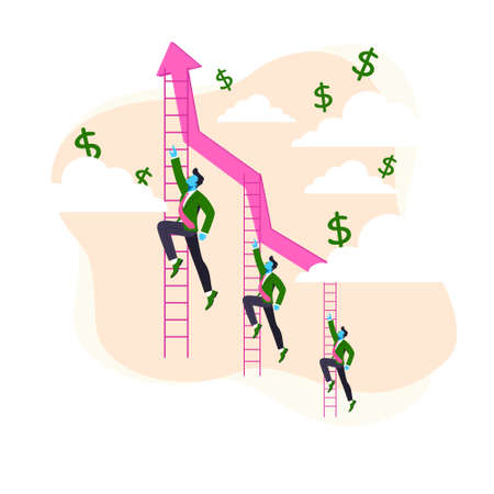 Boost business character illustration. Career and financial growth of businessman man climbs up the stairs holding on to arrow of performance diagram of vector ambitions.のイラスト素材