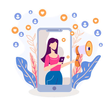 Blogger attracts likes illustration. Female character is collecting endorsements for her video promoting advertising on social networks creating personal flat audience of vector followers.のイラスト素材