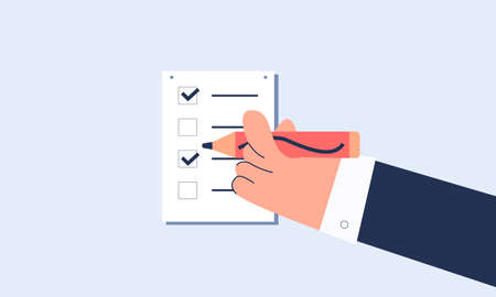 Business planning list illustration. Hand with pencil makes notes in plan marketing presentation of...