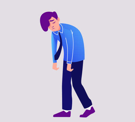 Sad disapointed person in depression walks with his head down. Character with lowered shoulders upset by financial crisis economic failure unemployed man with broken career vector business loss.のイラスト素材