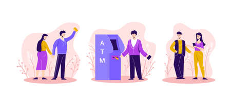 Queue people to ATM illustration. Men and women stand by line to withdraw cash from an ATM machine impatiently waiting for electronic transaction replenishment o credit account vector.のイラスト素材