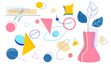 Creative memphis design. Stylish colored triangles and circles modern abstract geometric shape graphic vase with leaves colorful vector art lines.のイラスト素材