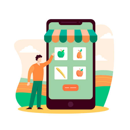 Online store of fresh fruits and vegetables. Web orders and sales of new organic harvest delicious products from farms natural vitamins on order rustic vector healthy food.のイラスト素材